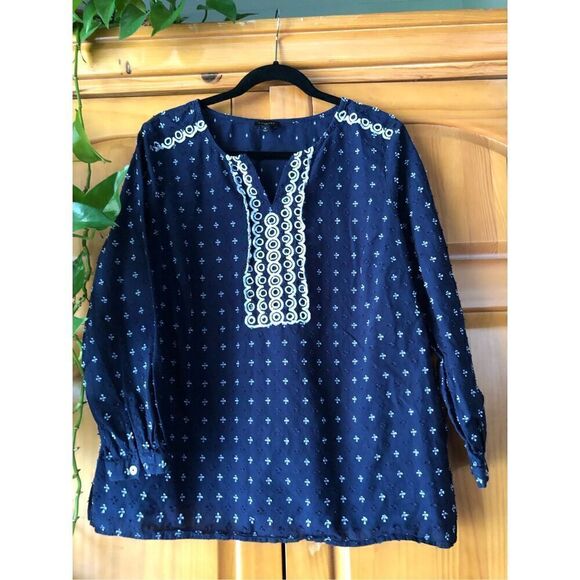 Talbots Navy Blue & White Embroidered Eyelet Tunic Top Size X - Picture 1 of 9